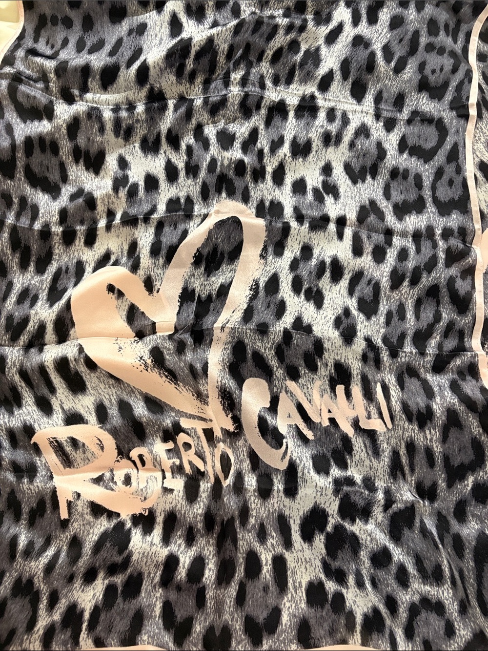 Roberto Cavalli Black and Gray Leopard Print Silk Scarf with Pink Trim
